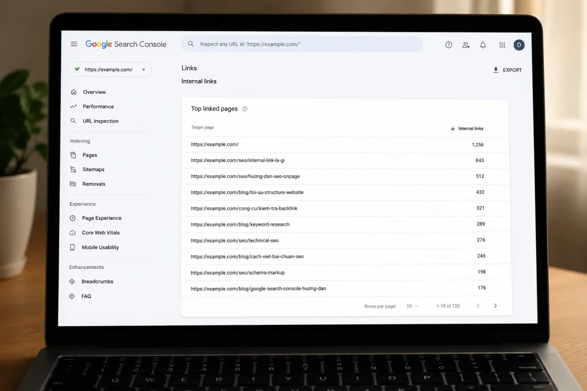 Báo cáo Internal links trong Google Search Console liệt kê các trang theo số lượng liên kết nội bộ trỏ tới