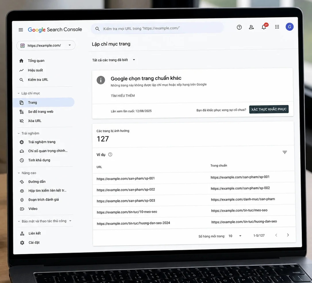Báo cáo Lập chỉ mục trang trong Search Console hiển thị trạng thái Google chọn trang chuẩn khác