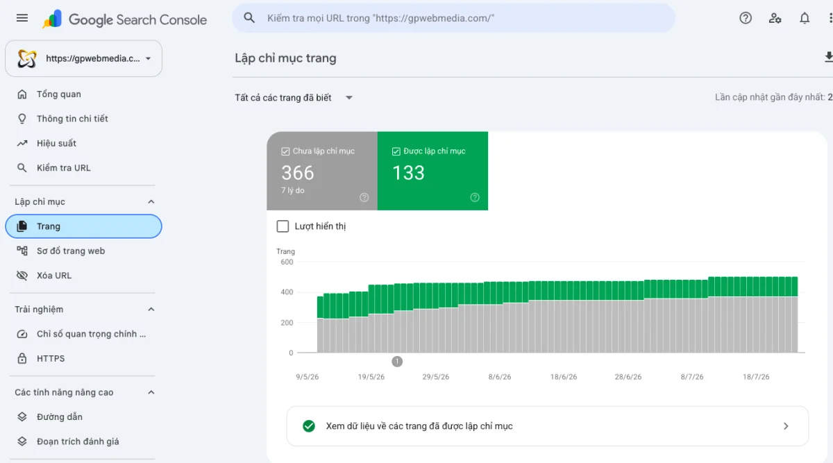 Báo cáo Lập chỉ mục trang trong Search Console lọc theo sitemap