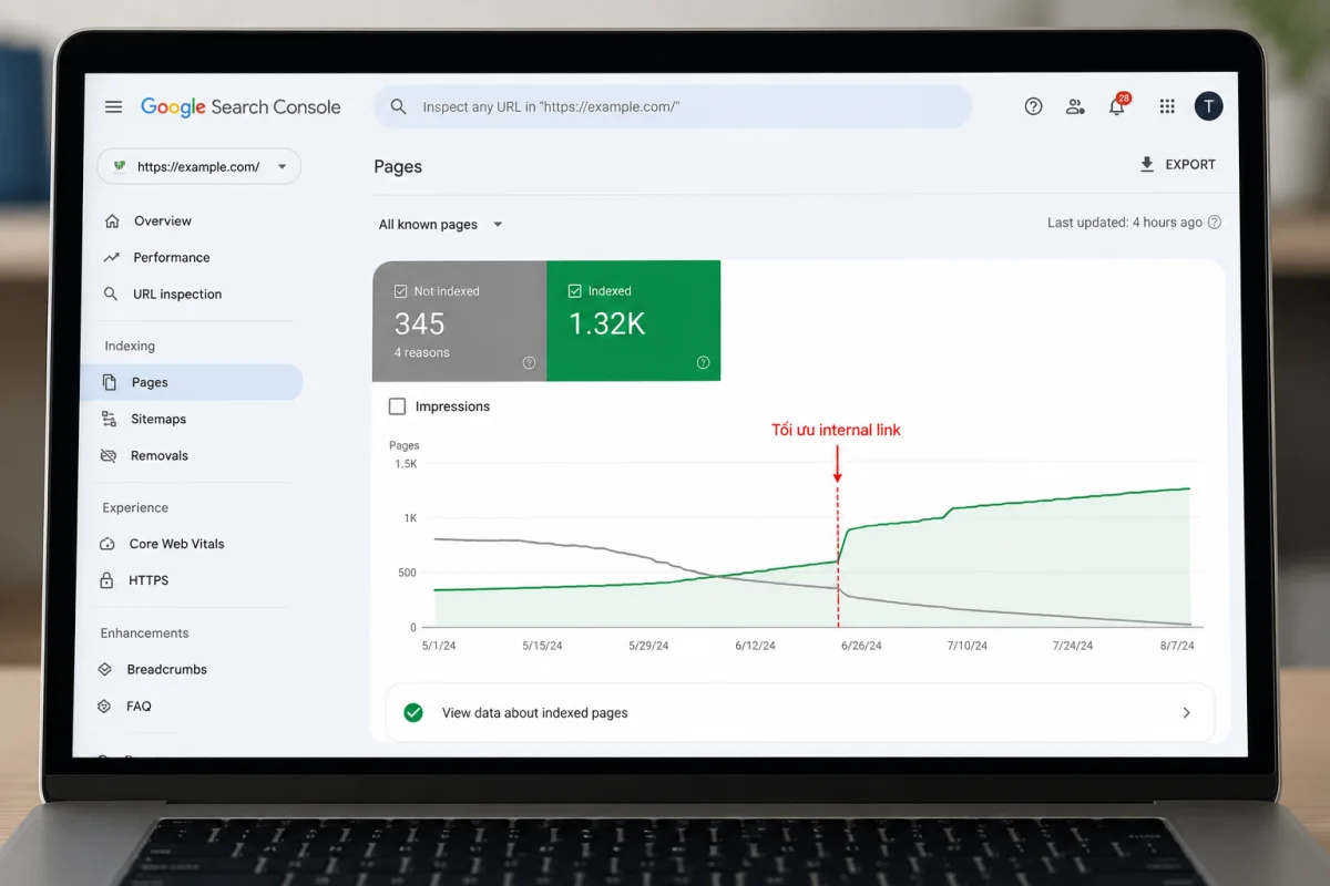Báo cáo Pages trong Google Search Console cho thấy số trang được index tăng lên sau khi tối ưu internal link