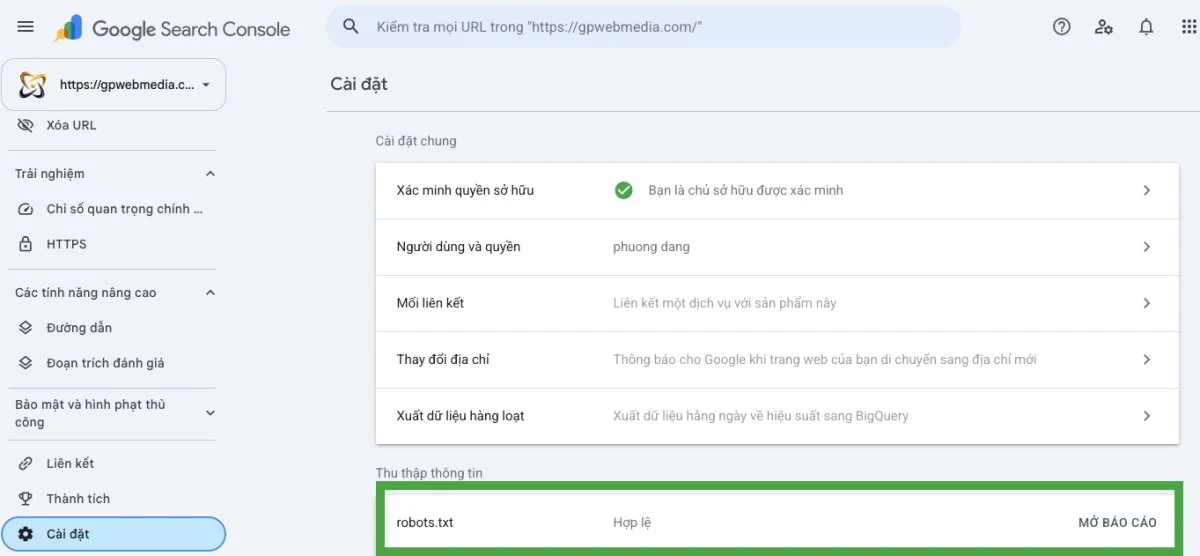 Báo cáo robots.txt trong phần Cài đặt của Google Search Console
