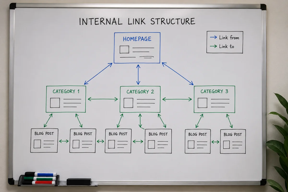Diagram showing internal link structure between homepage, category pages and blog posts