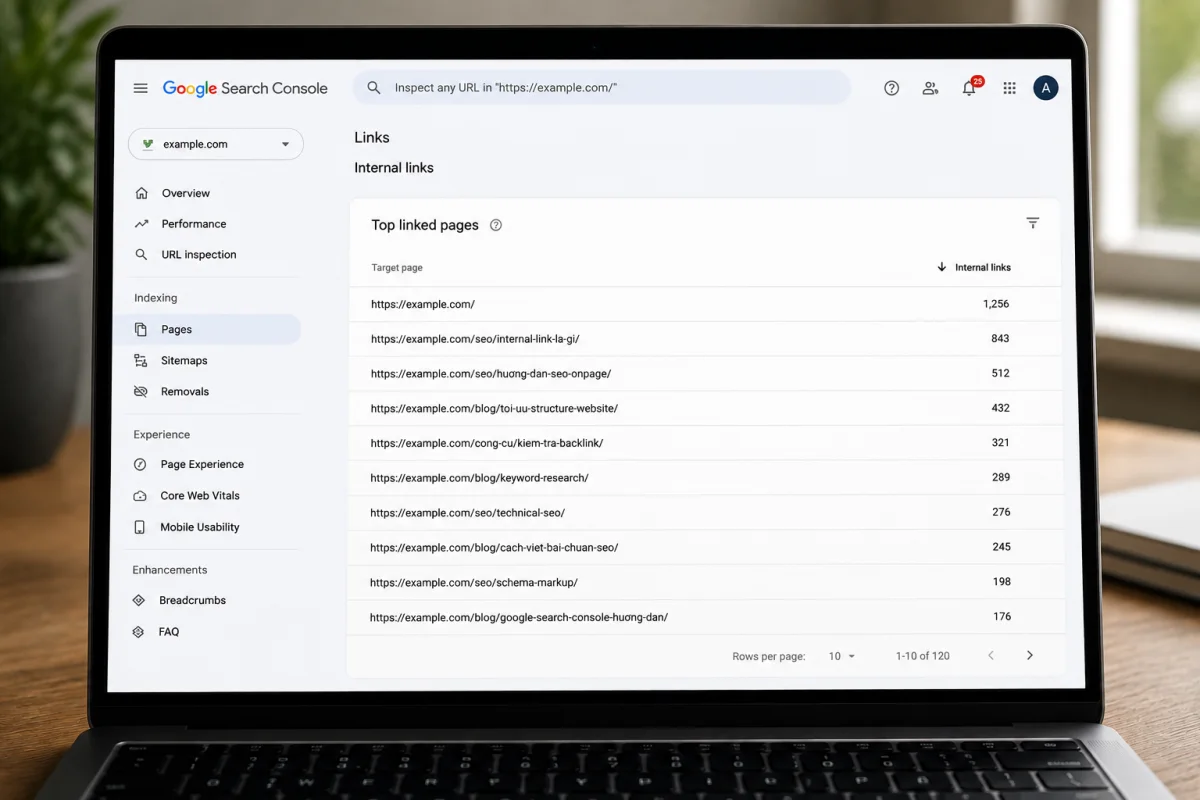 Google Search Console Internal links report listing pages by how many internal links point to them