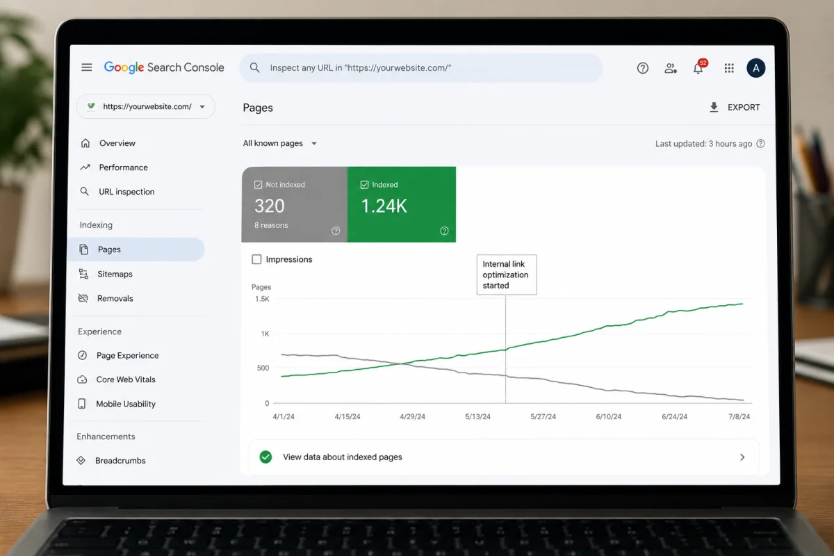 Google Search Console Pages report showing indexed page count rising after internal link work