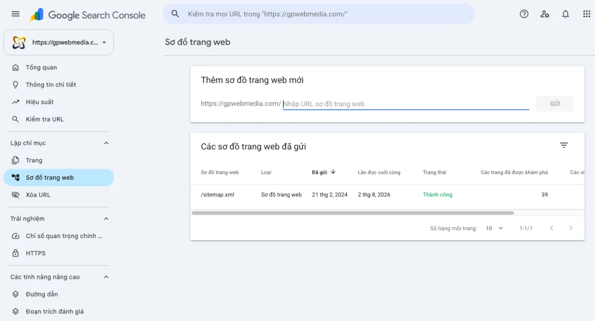 Màn hình Sitemaps trong Google Search Console sau khi gửi file index thành công