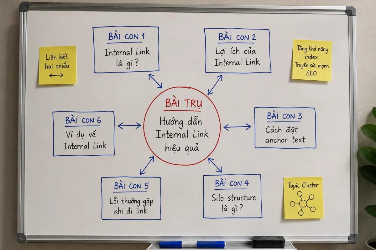 Mô hình topic cluster với một bài trụ ở trung tâm và các bài con liên kết hai chiều xung quanh