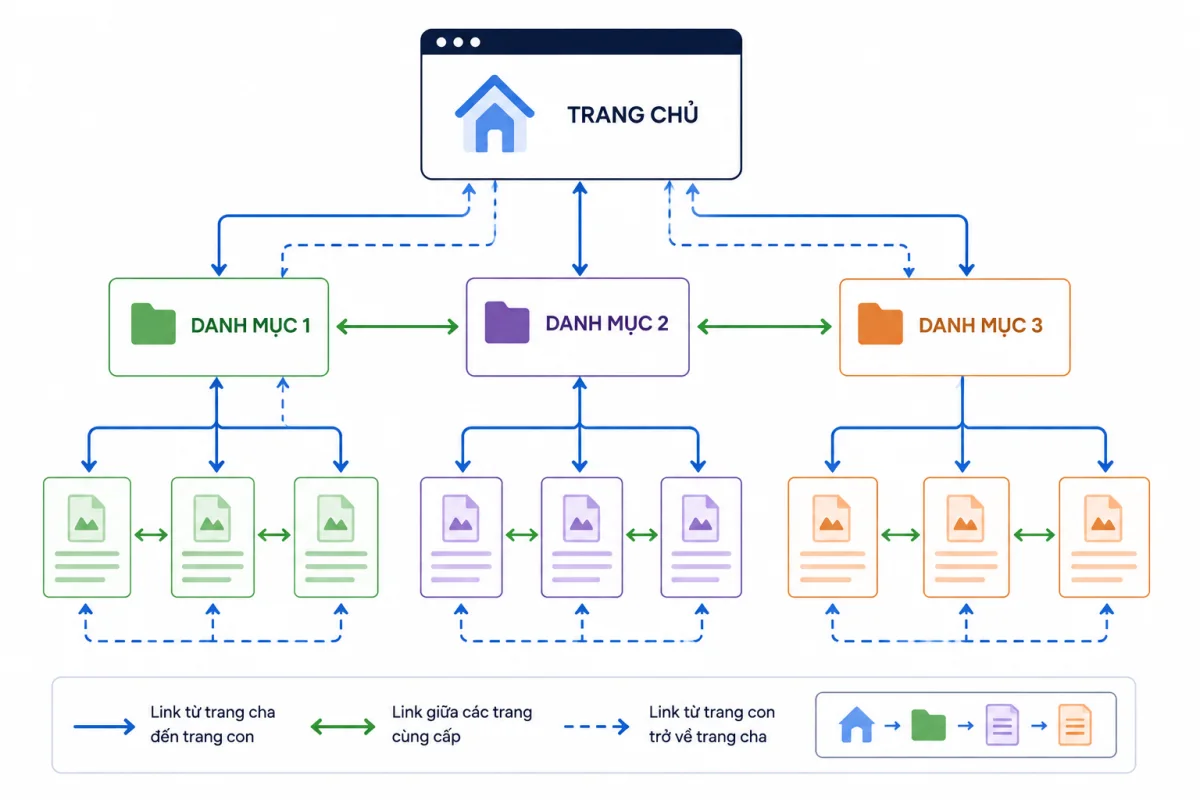 Sơ đồ minh hoạ cấu trúc internal link giữa trang chủ, trang danh mục và các bài viết trong website