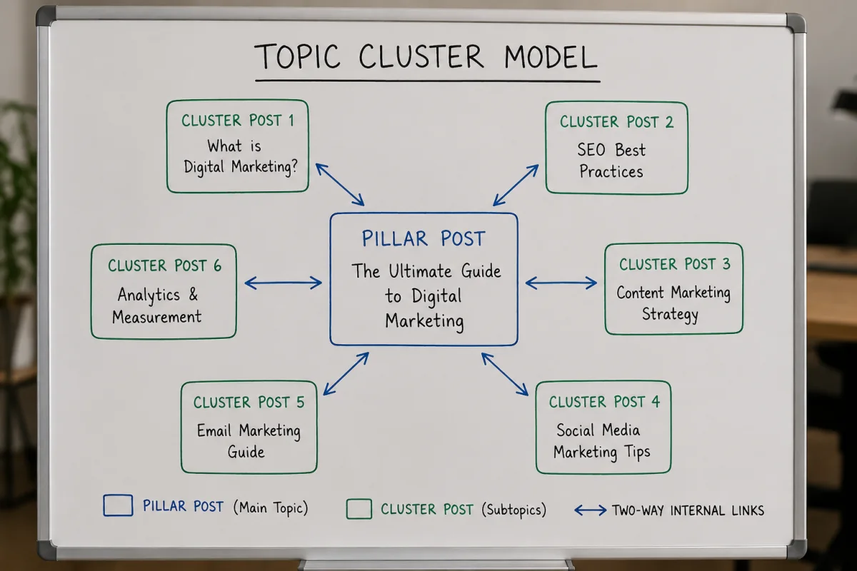 Topic cluster model with one pillar post at the centre and cluster posts linked both ways