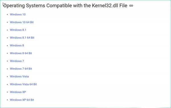 kernel32.dll file matches Windows version