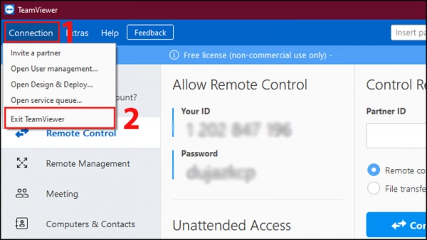 Select Exit TeamViewer to turn off the software immediately after use.