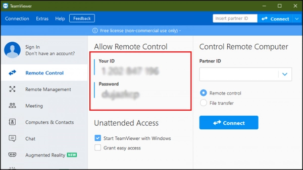 TeamViewer will provide you with an ID and password.